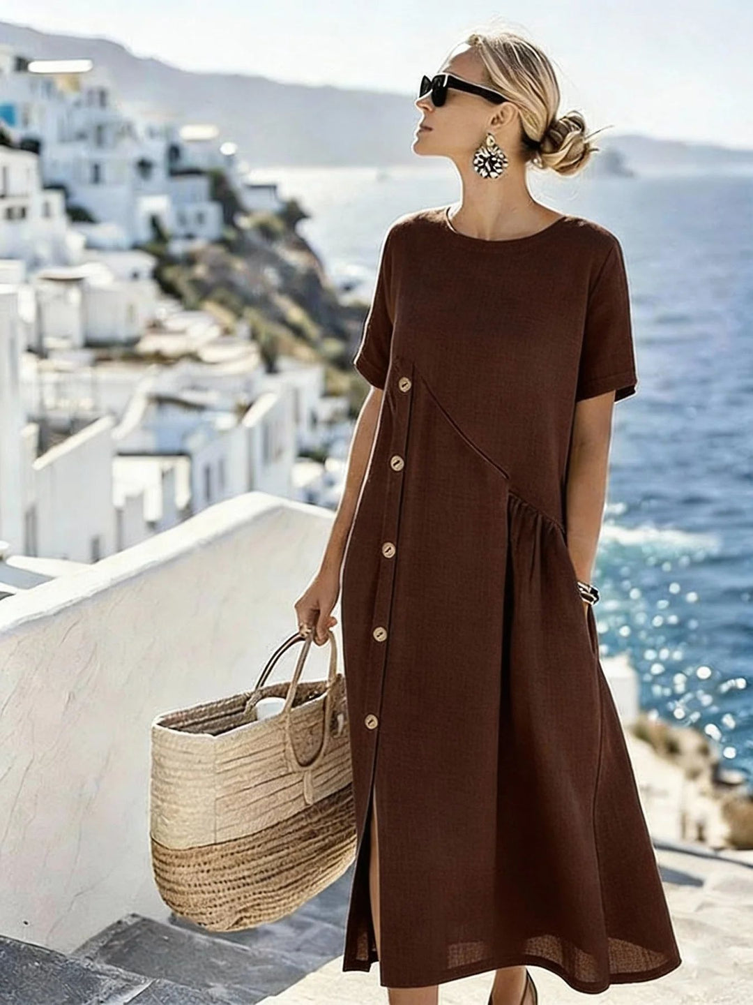 Damen Luftiges Sommerkleid mit seitlicher Knopfleiste, kurzen Ärmeln und Schlitz EB