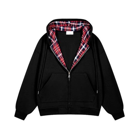 Damen lässige Kapuzenjacke mit Karo-Innenfutter und durchgehendem Reißverschluss EB