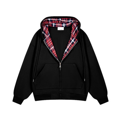 Damen lässige Kapuzenjacke mit Karo-Innenfutter und durchgehendem Reißverschluss EB