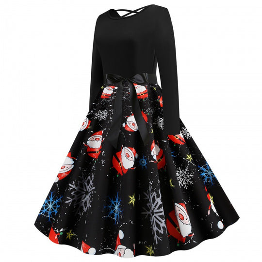 Damen Festliches Swingkleid mit Nikolausprint, tailliertem Satinband und gekreuztem Rückendetail EB