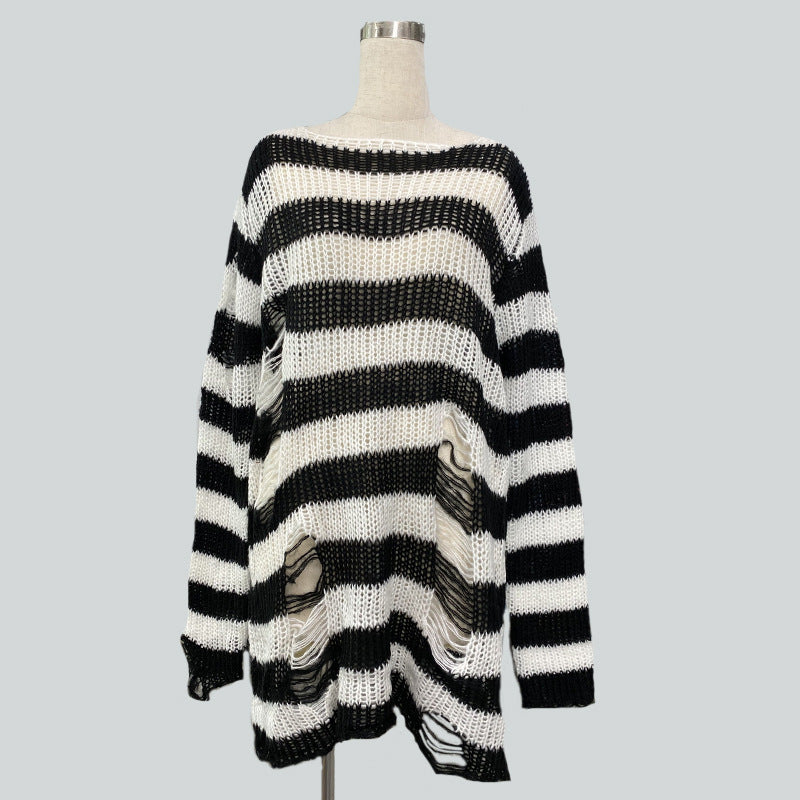 Damen nan Oversized Grobstrickpullover mit breiten Blockstreifen und aufgerissenem Design EB
