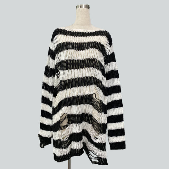 Damen nan Oversized Grobstrickpullover mit breiten Blockstreifen und aufgerissenem Design EB