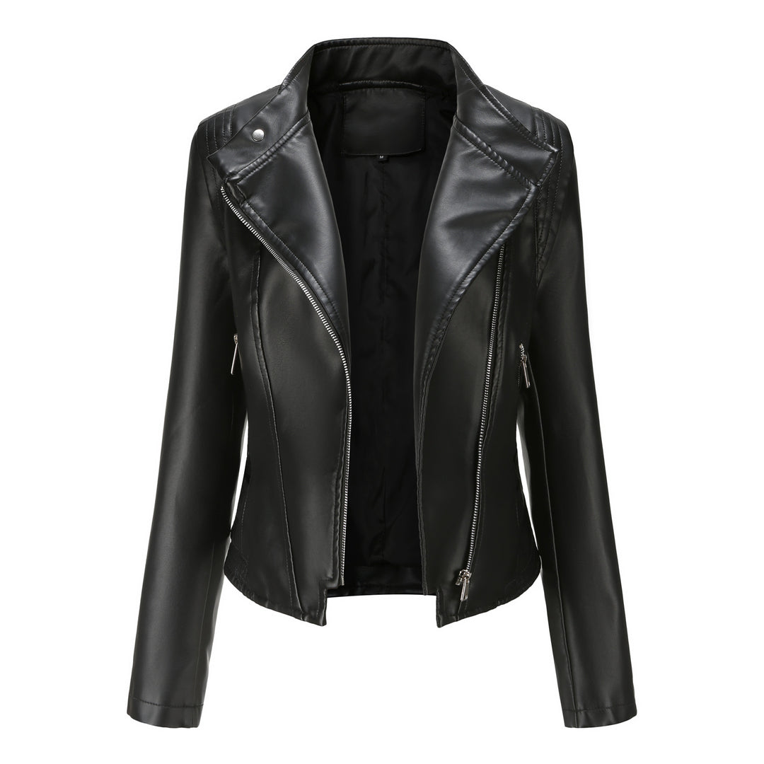 Damen nan kurze taillierte Bikerjacke aus Kunstleder mit asymmetrischem Reißverschluss EB