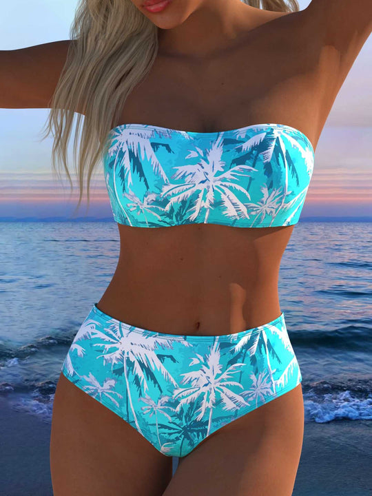 Damen Bandeau Bikini-Set mit tierischem Muster und hohem Taillenbund EB