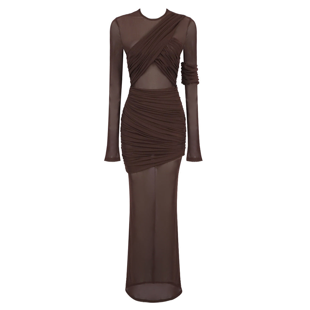 Damen Elegantes langarm Maxikleid mit raffinierten Drapierungsdetails und figurbetontem Schnitt EB