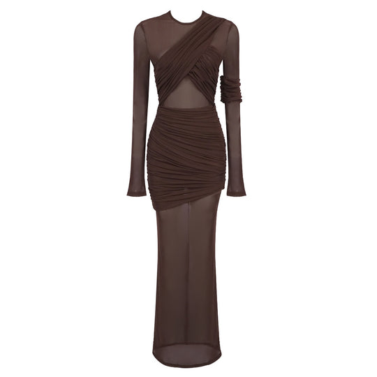 Damen Elegantes langarm Maxikleid mit raffinierten Drapierungsdetails und figurbetontem Schnitt EB