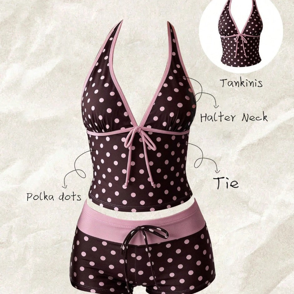 Damen Tankini mit modischem Punktmuster und verstellbarem Halter EB