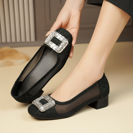 Damen Elegante Ballerinas mit modischem Schmuckdetail und komfortablem Blockabsatz EB