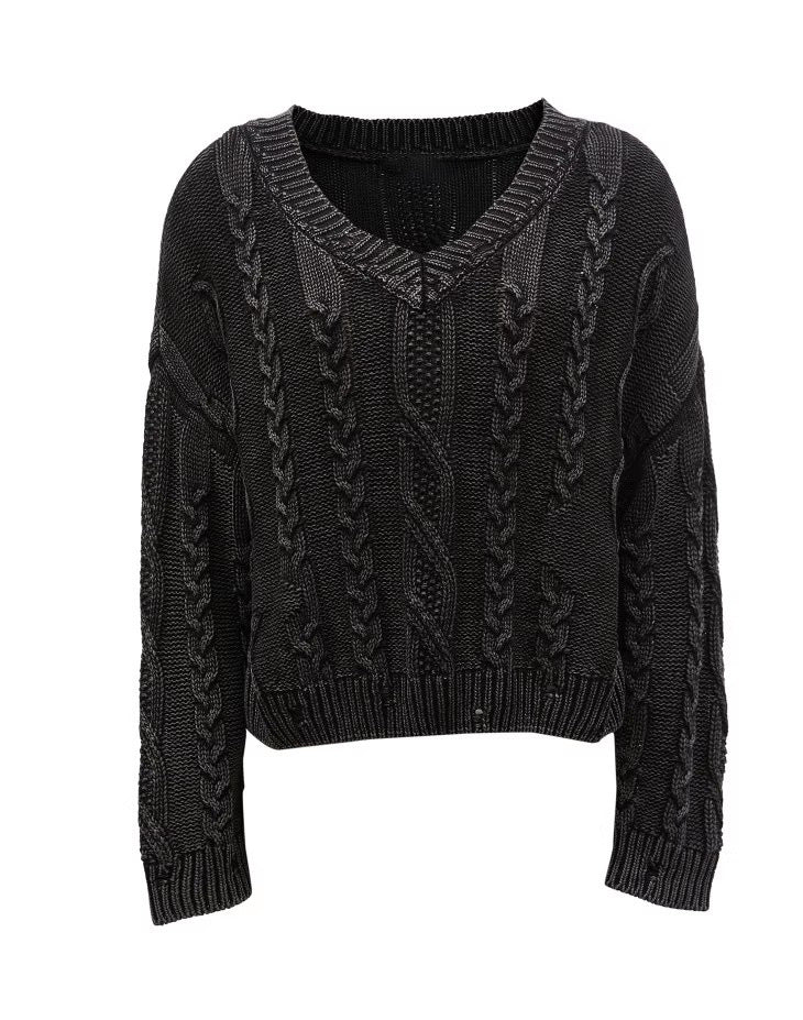 Damen Grob gestrickter Pullover mit V-Ausschnitt und voluminösen Ärmeln EB