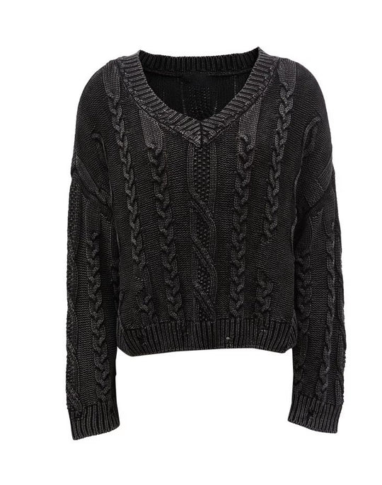 Damen Grob gestrickter Pullover mit V-Ausschnitt und voluminösen Ärmeln EB