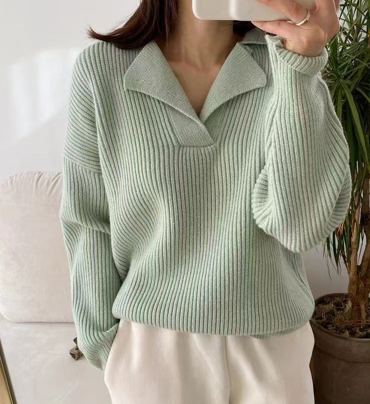 Damen lässiger Feinstrickpullover mit weichem Kragen und Rippstruktur EB