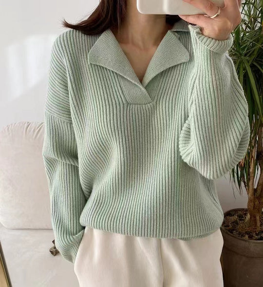 Damen lässiger Feinstrickpullover mit weichem Kragen und Rippstruktur EB