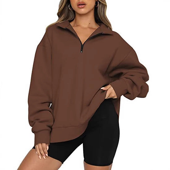Damen nan oversized Sweatshirt mit halbem Reißverschluss, Stehkragen und überschnittener Schulter EB