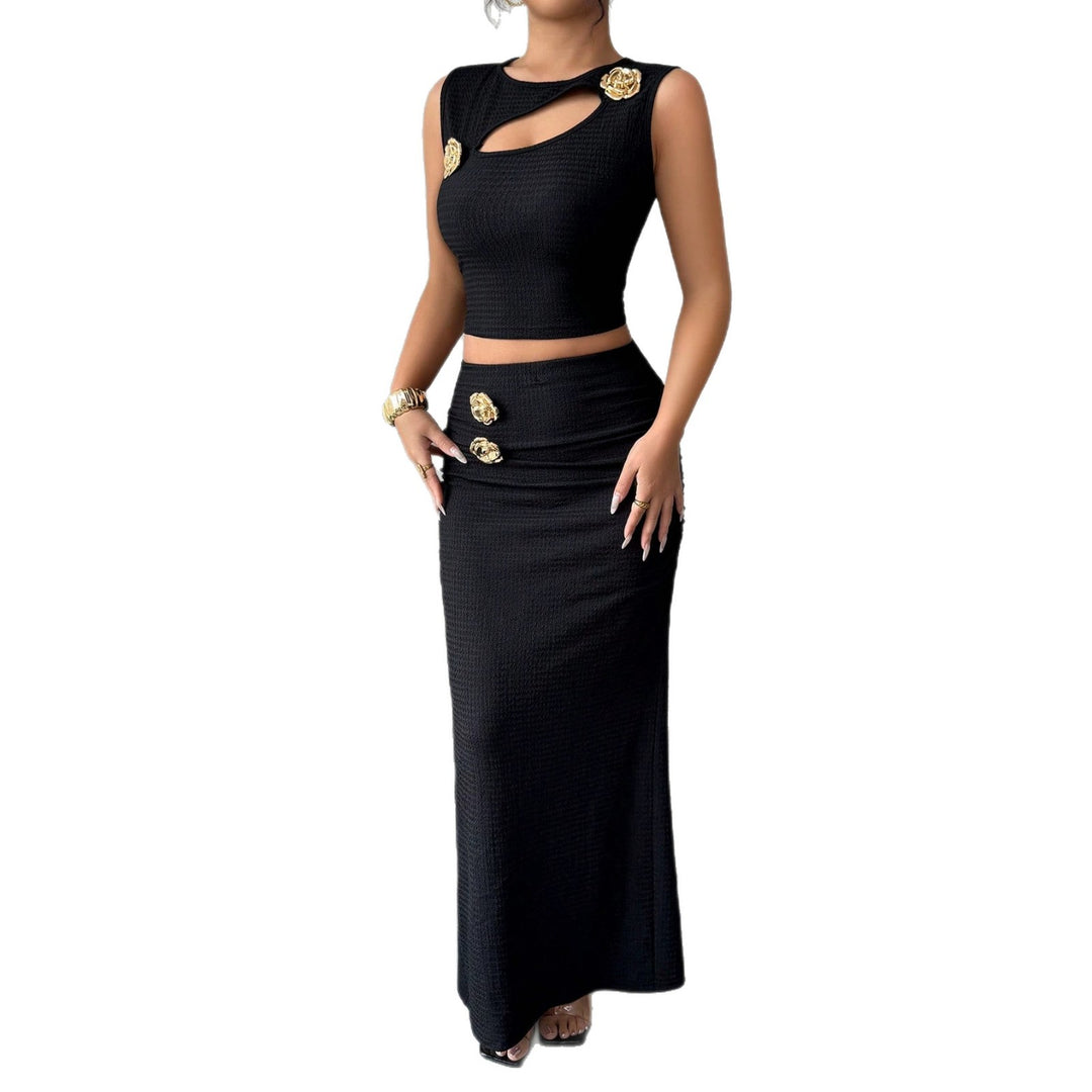 Damen nan zweiteiliges tailliertes Set mit asymmetrischem Cut-Out Crop-Top und figurbetontem Maxi-Bleistiftrock EB