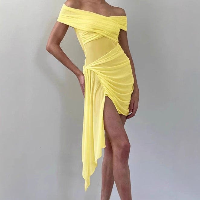 Damen Off-Shoulder Minikleid mit Rüschendetails und transparenten Einsätzen EB