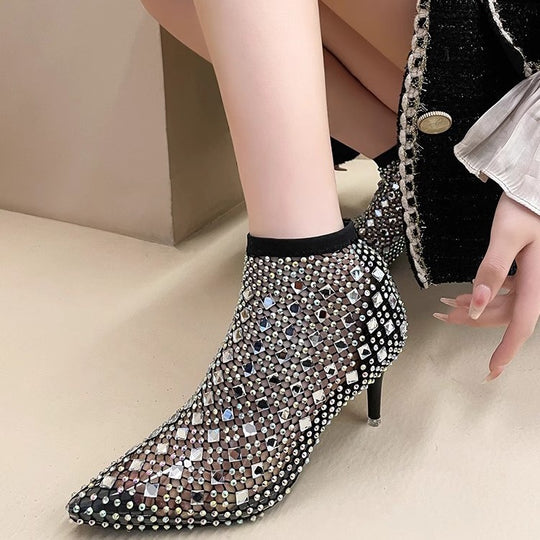 Damen elegante Netz-Stiefeletten mit funkelnden Strassverzierungen EB