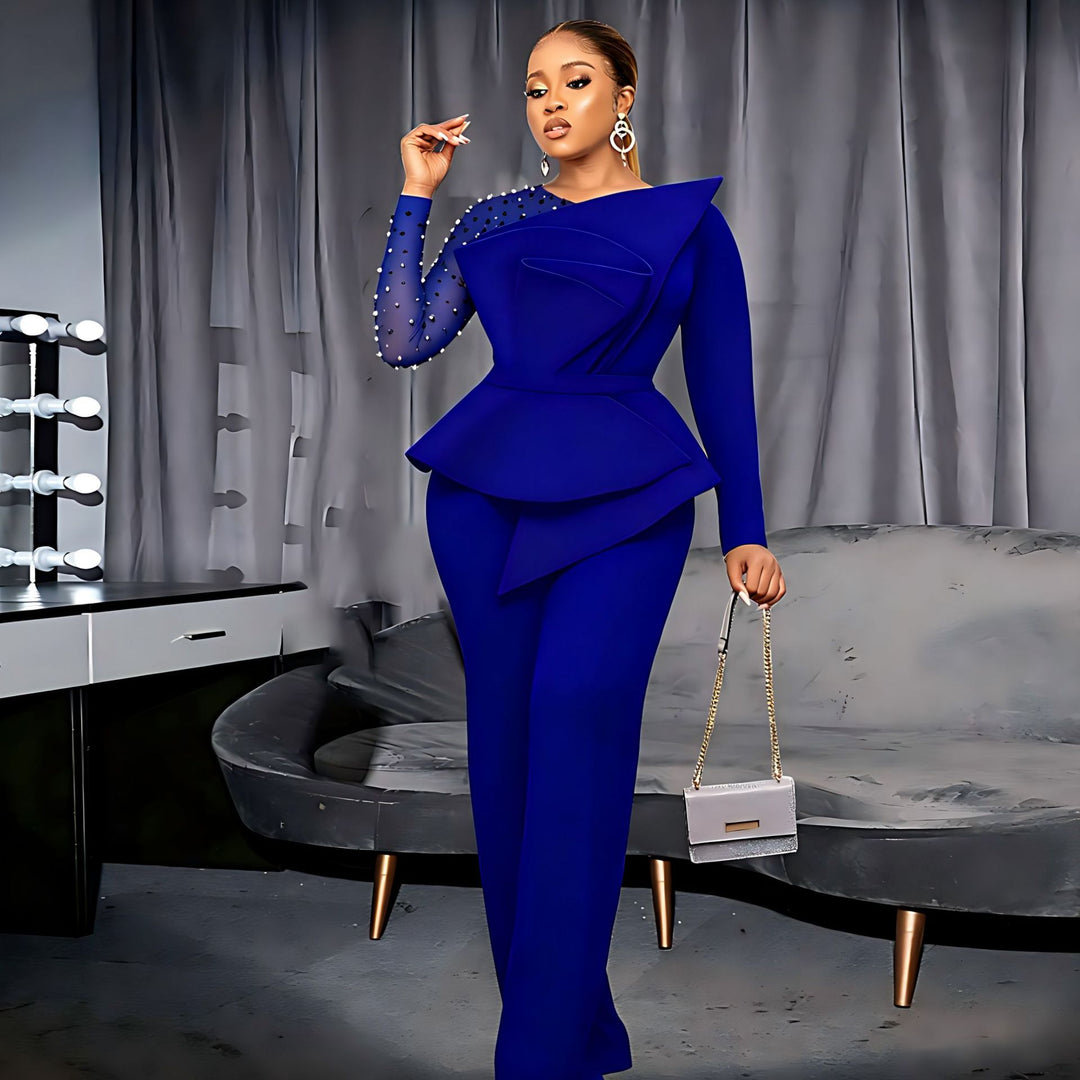 Damen eleganter Jumpsuit mit asymmetrischem Oberteil und raffiniertem Rüschendesign EB