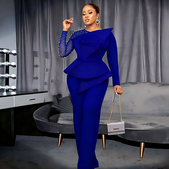Damen eleganter Jumpsuit mit asymmetrischem Oberteil und raffiniertem Rüschendesign EB