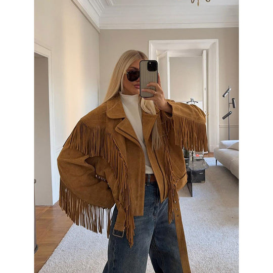 Damen Wildlederjacke mit Fransen und großzügigen Ärmeln EB