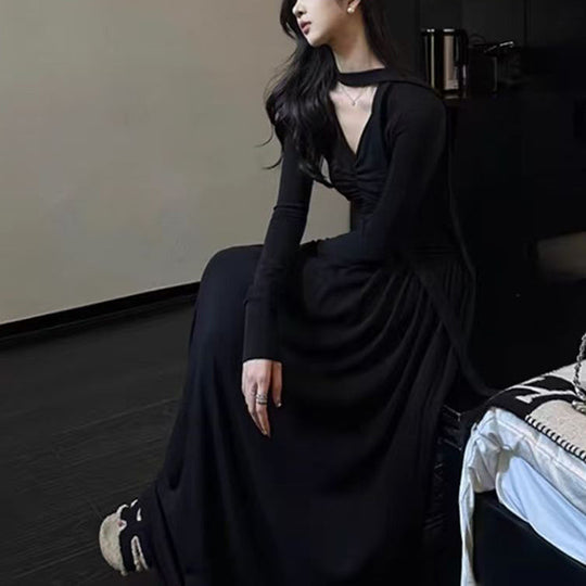 Damen elegantes Maxi-Kleid mit raffiniertem V-Ausschnitt und langen Ärmeln EB