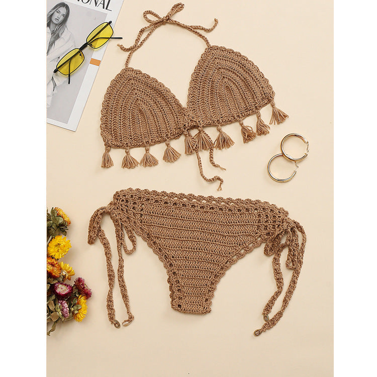 Damen Häkel-Bikini-Set mit fransigen Akzenten und verstellbaren Trägern EB