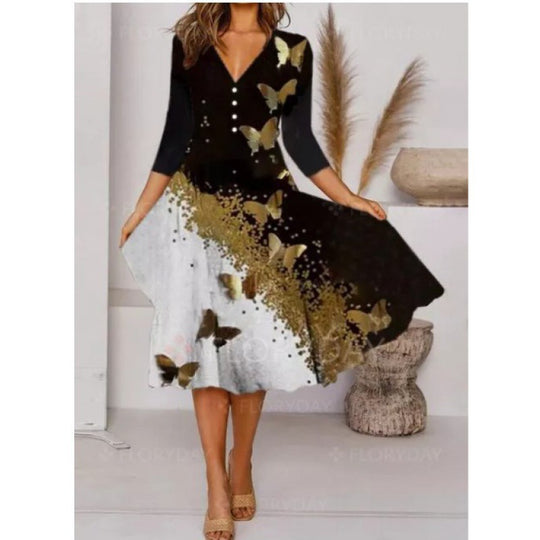 Damen V-Ausschnitt Midi-Kleid mit fließendem Rock und floralem Ärmeldesign EB