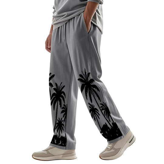 Herren nan weite Freizeit-Hose aus Baumwoll-Leinen-Mix mit Palmenprint, Elastikbund und Kordelzug EB