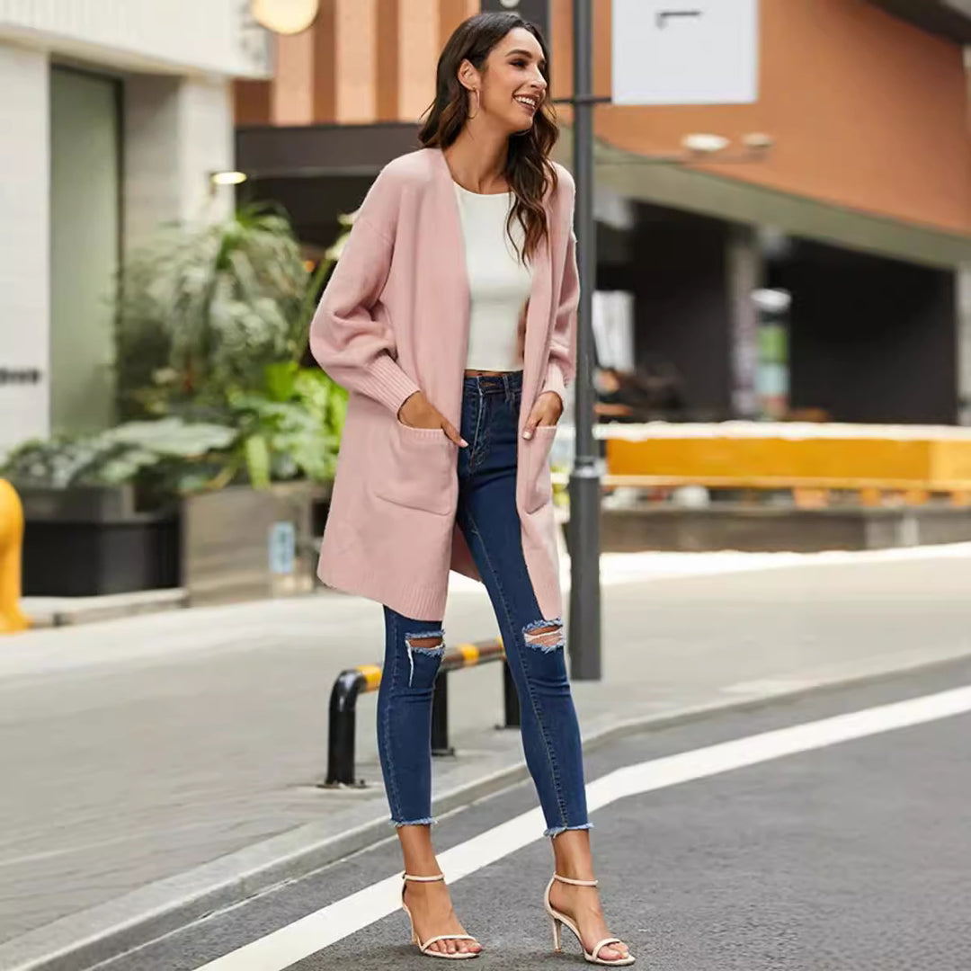 Damen Grobstrick-Kimono-Cardigan mit offenen Ärmeln und praktischen Taschen EB