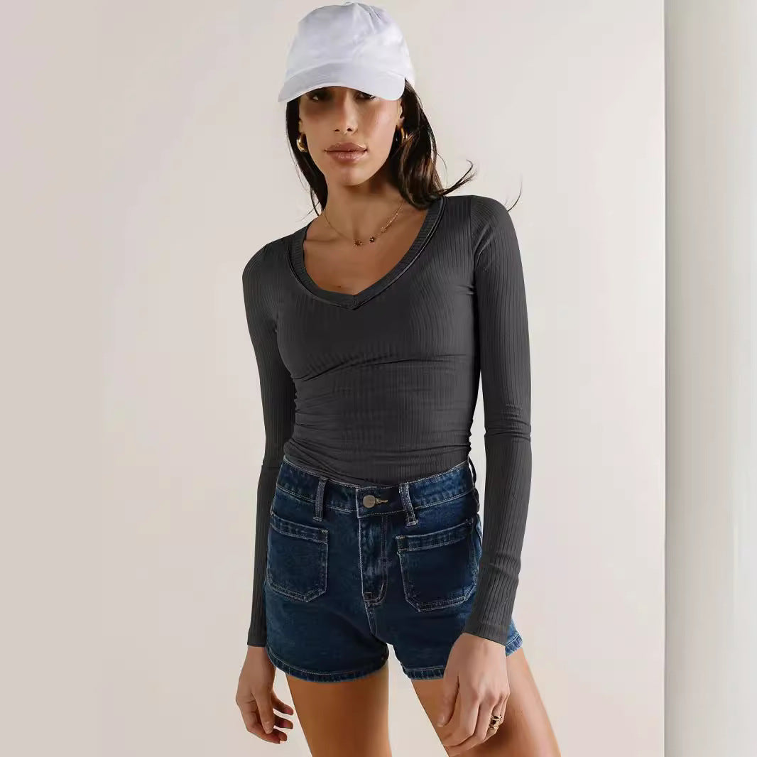Damen Langarmshirt mit V-Ausschnitt und Rippstruktur EB