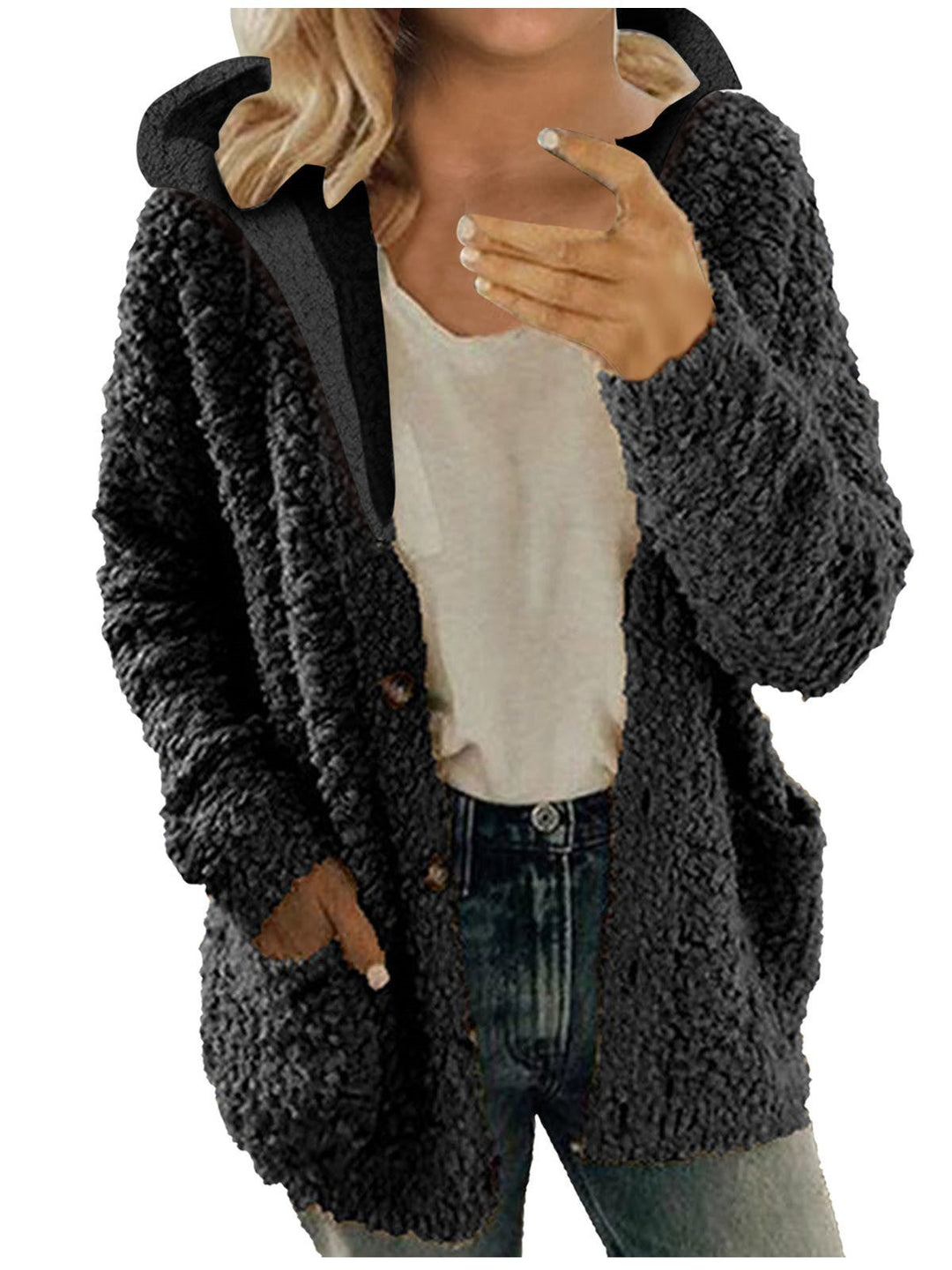 Damen kuschelige Fleecejacke mit Kapuze und praktischen Taschen EB