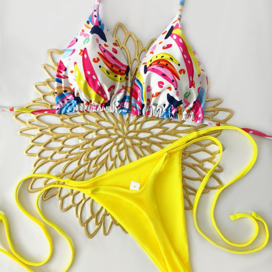 Damen Bikini-Set mit buntem Obstmuster und seitlichem Knoten EB