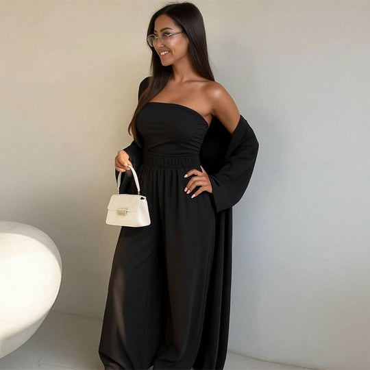 Damen elegantes 3-teiliges Set mit weitem Hosen und tailliertem Oberteil EB