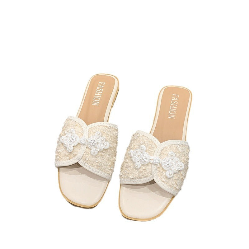 Damen nan elegante Mule mit quadratischer Zehenpartie Bouclé-Obermaterial und Perlenverzierung EB