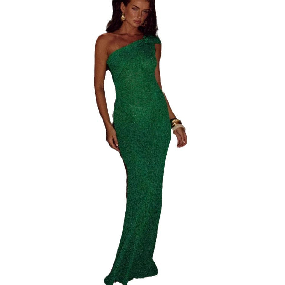 Damen Elegantes asymmetrisches Maxikleid aus Netz EB