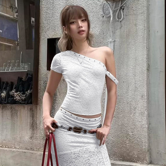 Damen elegantes Oberteil aus zarter Spitze mit kurzem Ärmel und aufregendem Design EB