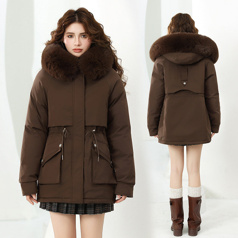 Damen Modische Winterjacke mit abnehmbarer Kapuze und hochwertigem Kunstfell EB