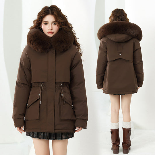 Damen Modische Winterjacke mit abnehmbarer Kapuze und hochwertigem Kunstfell EB