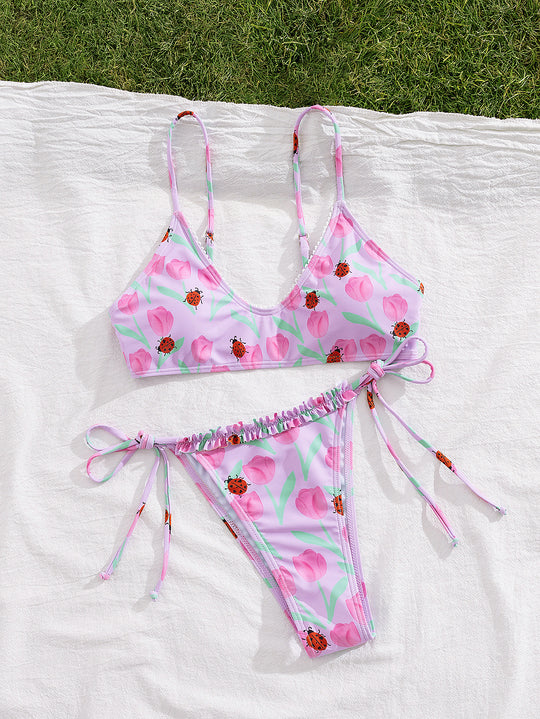 Damen Triangel-Bikini mit buntem Blütenmotiv und verstellbaren Bindebändern EB