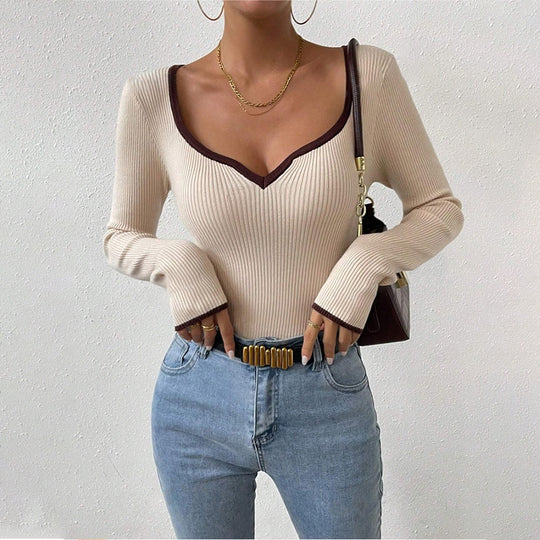 Damen Langarm-Bodysuit mit V-Ausschnitt und Kontrastdetails EB