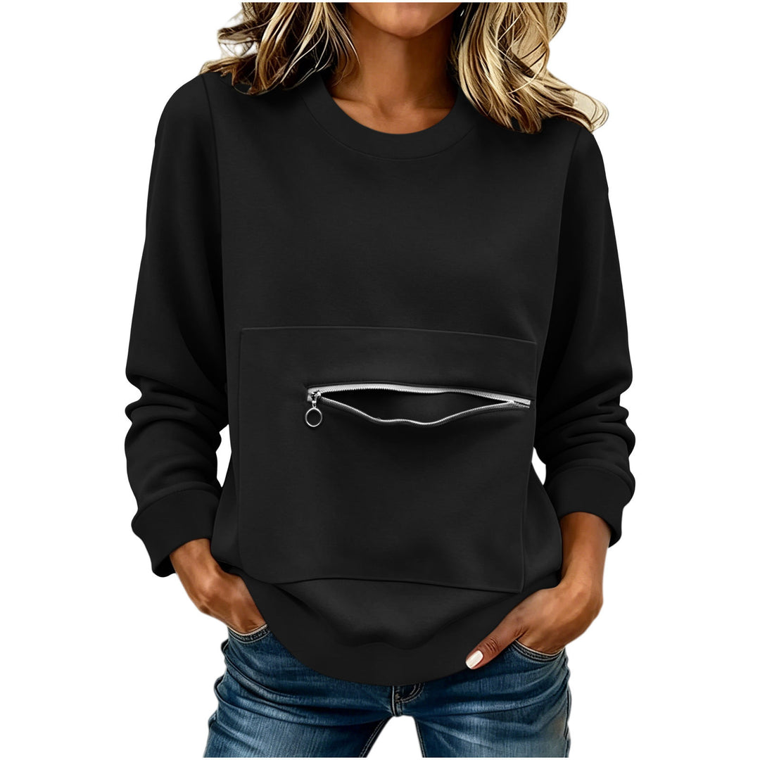 Damen nan locker geschnittenes Sweatshirt mit Frontreißverschlusstasche und Rundhalsausschnitt EB