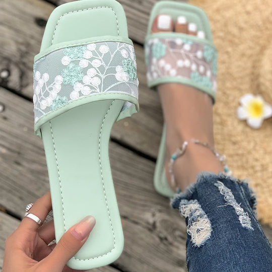Damen elegante Pantoletten mit floralem Spitzen-Design und weich gepolsterter Sohle EB