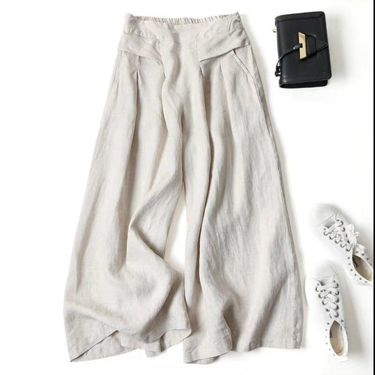 Damen Weit geschnittene Leinenhose mit hohem Bund und eleganten Falten EB