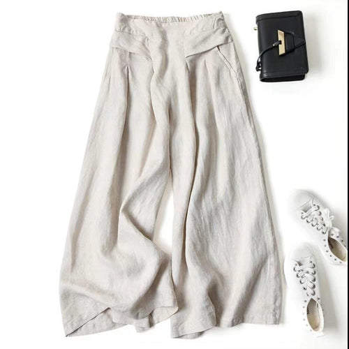Damen Weit geschnittene Leinenhose mit hohem Bund und eleganten Falten EB