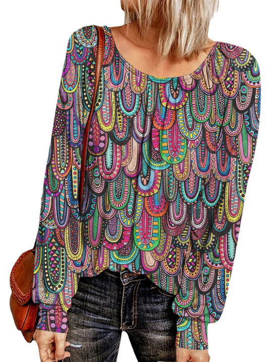 Damen Ethno-Print Oversize-Tunika mit Rundhalsausschnitt und langen Ballonärmeln EB