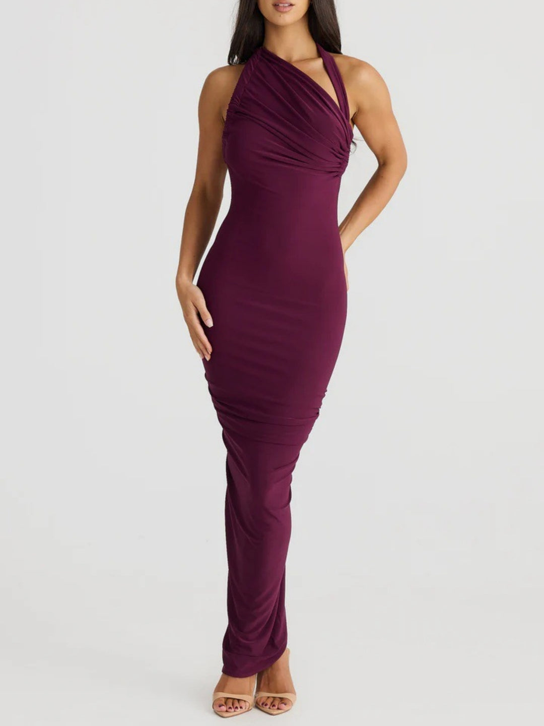 Damen Elegantes langes Wickelkleid mit schulterfreiem Design und gerafftem Oberteil EB