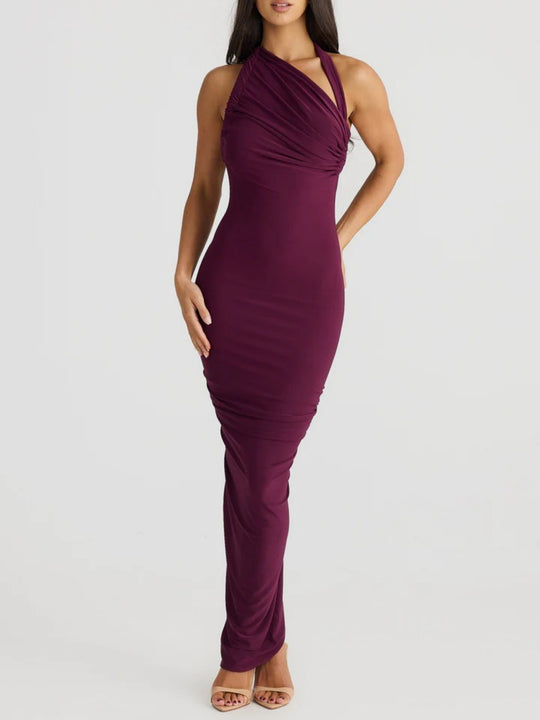 Damen Elegantes langes Wickelkleid mit schulterfreiem Design und gerafftem Oberteil EB