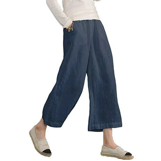 Damen weite Leinenhose mit seitlichen Taschen und elastischem Bund EB