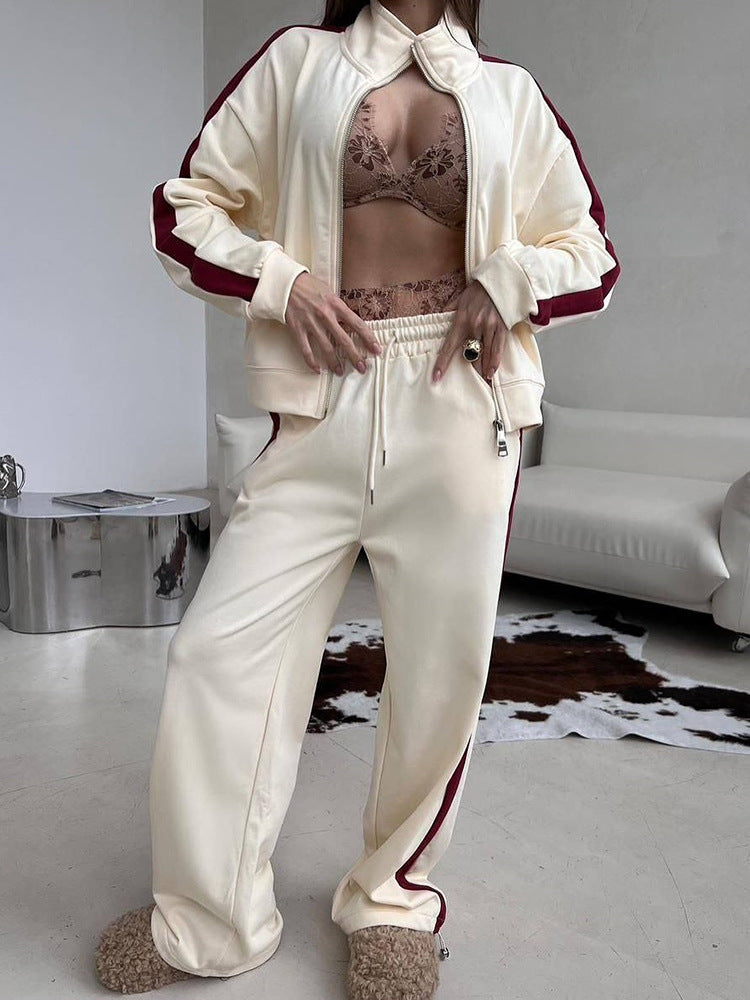Damen Velours-Loungewear-Set mit Stehkragen, Zip-Jacke und weitem Palazzo-Hosenbein EB