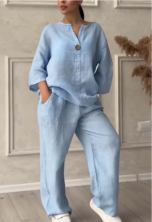 Damen nan lässiges Leinen-Relax-Set mit weiter Hose und Hemdbluse EB