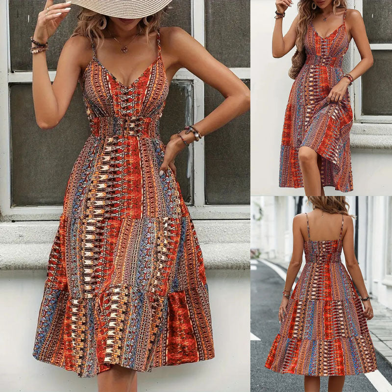 Damen Sommerkleid mit tiefem V-Ausschnitt und voluminösem Rock EB